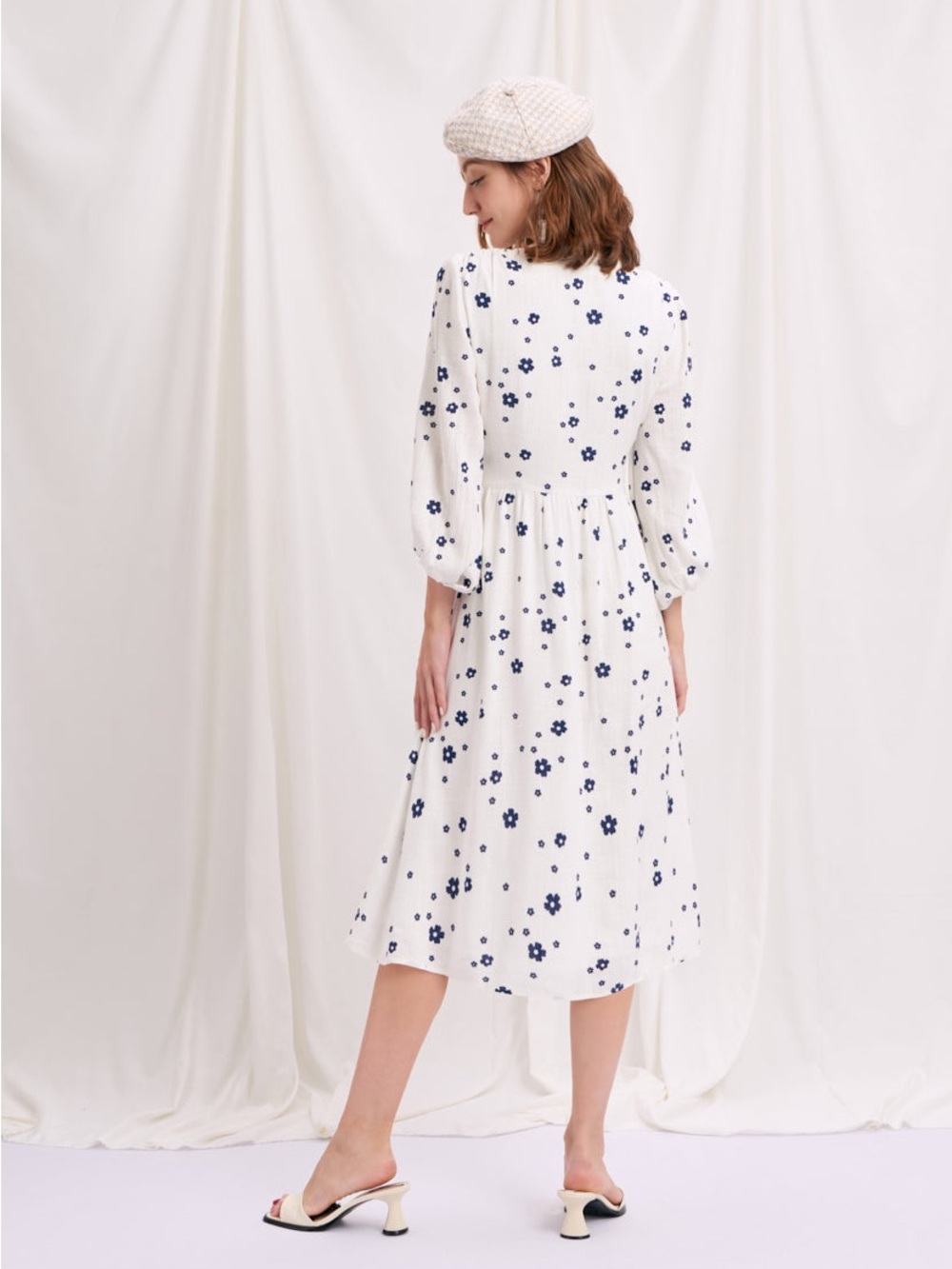 NWT - Petite Studio Ivory Dress with Navy Print